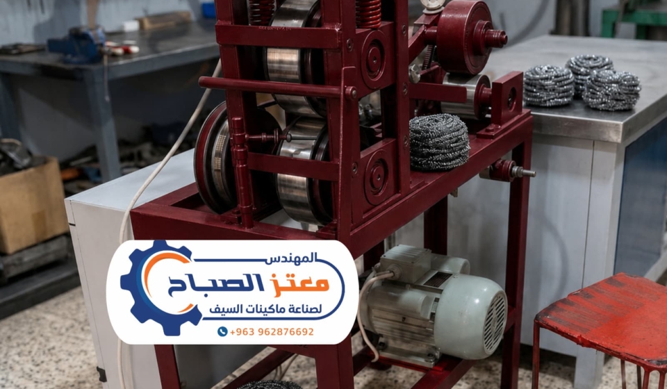 ماكينة سيف الجلي الصناعية باللون الأحمر الغامق من شركة الصباح لصناعة سيف الجلي داخل ورشة تصنيع حديثة
