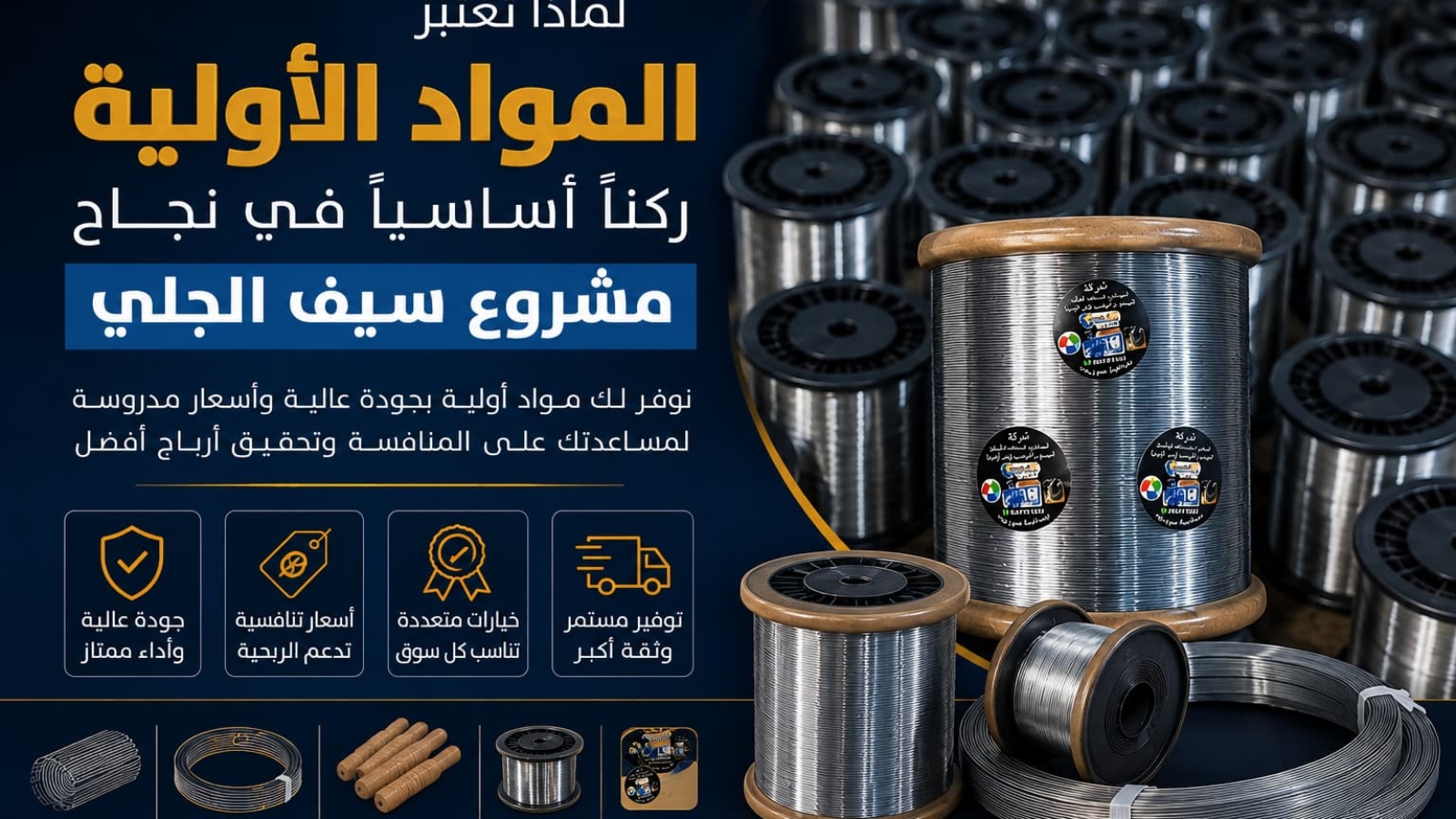 بكرات سلك ومواد أولية مستخدمة في تصنيع سيف الجلي ضمن مشروع إنتاجي يركز على الجودة والقدرة التنافسية.