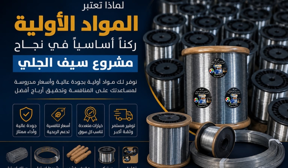 بكرات سلك ومواد أولية مستخدمة في تصنيع سيف الجلي ضمن مشروع إنتاجي يركز على الجودة والقدرة التنافسية.
